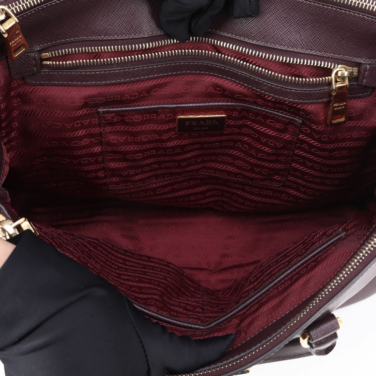 Prada Burgundy Saffiano Lux Leather Large Double Zip Tote Satchel