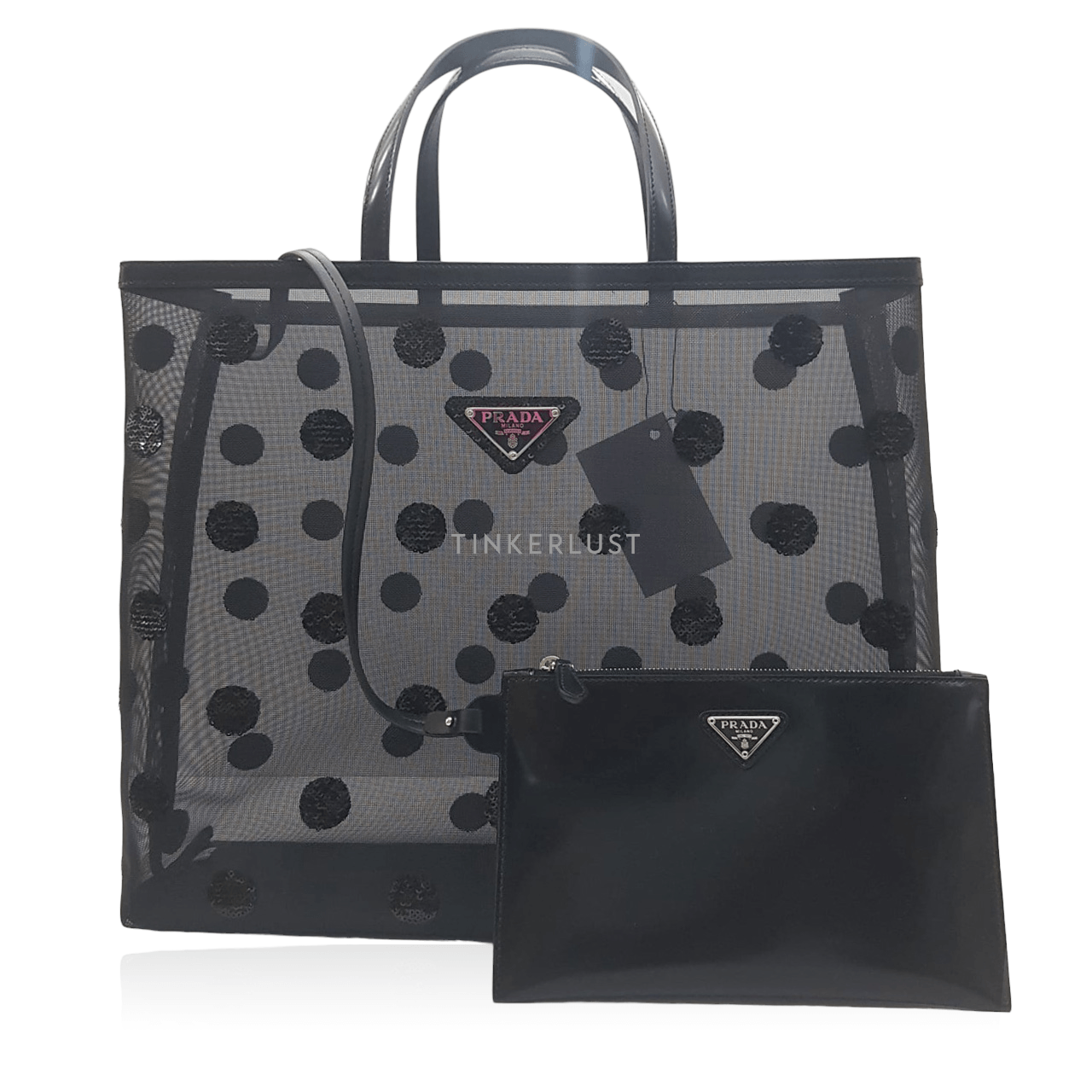 Prada 1BG416 Medium Sequin Polkadot Tote Bag Mesh with Pouch Logo