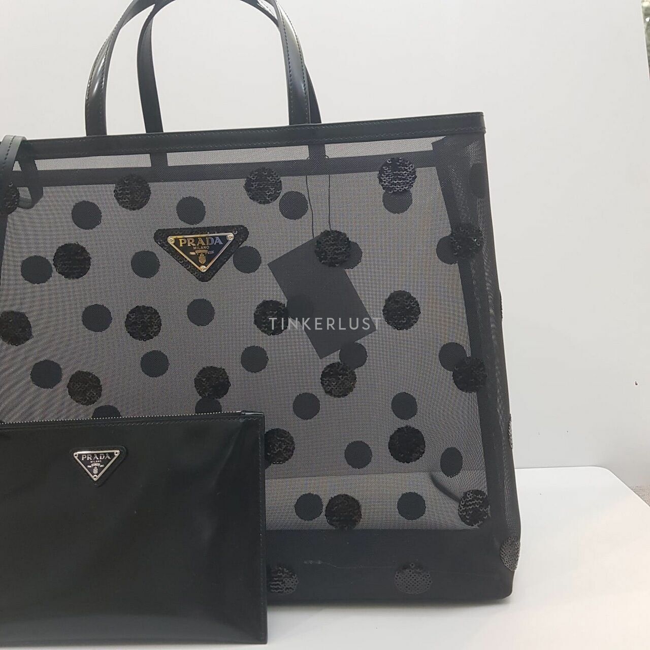 Prada 1BG416 Medium Sequin Polkadot Tote Bag Mesh with Pouch Logo