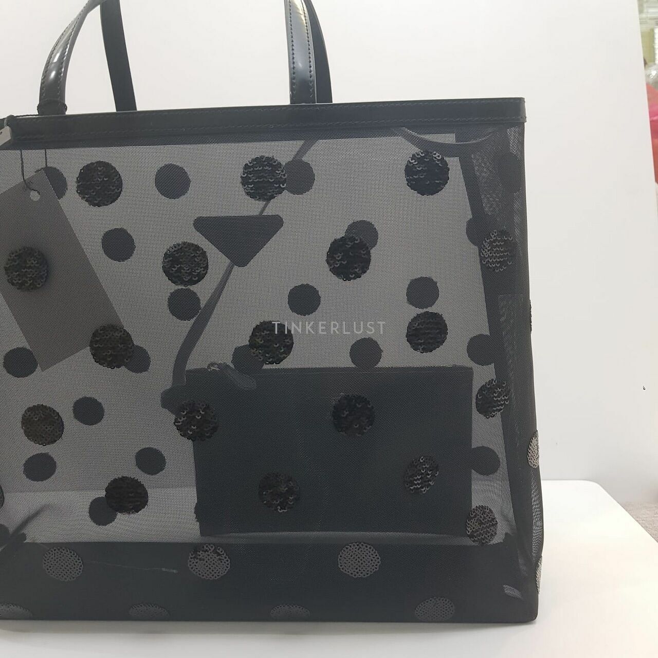 Prada 1BG416 Medium Sequin Polkadot Tote Bag Mesh with Pouch Logo