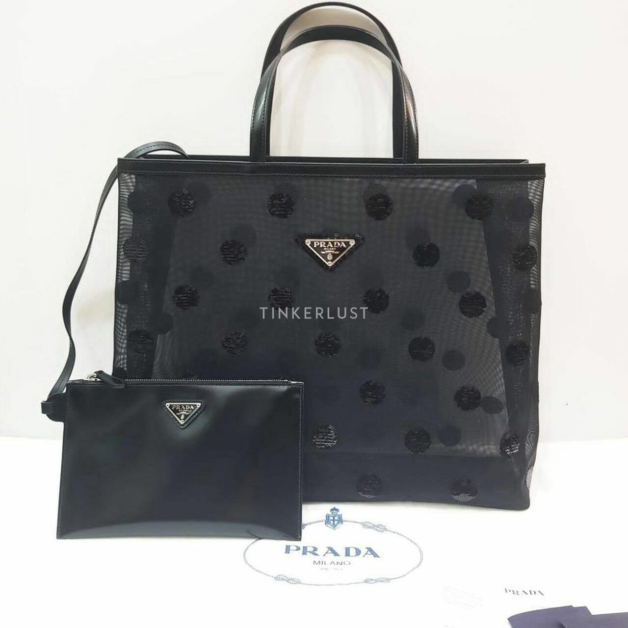 Prada 1BG416 Medium Sequin Polkadot Tote Bag Mesh with Pouch Logo