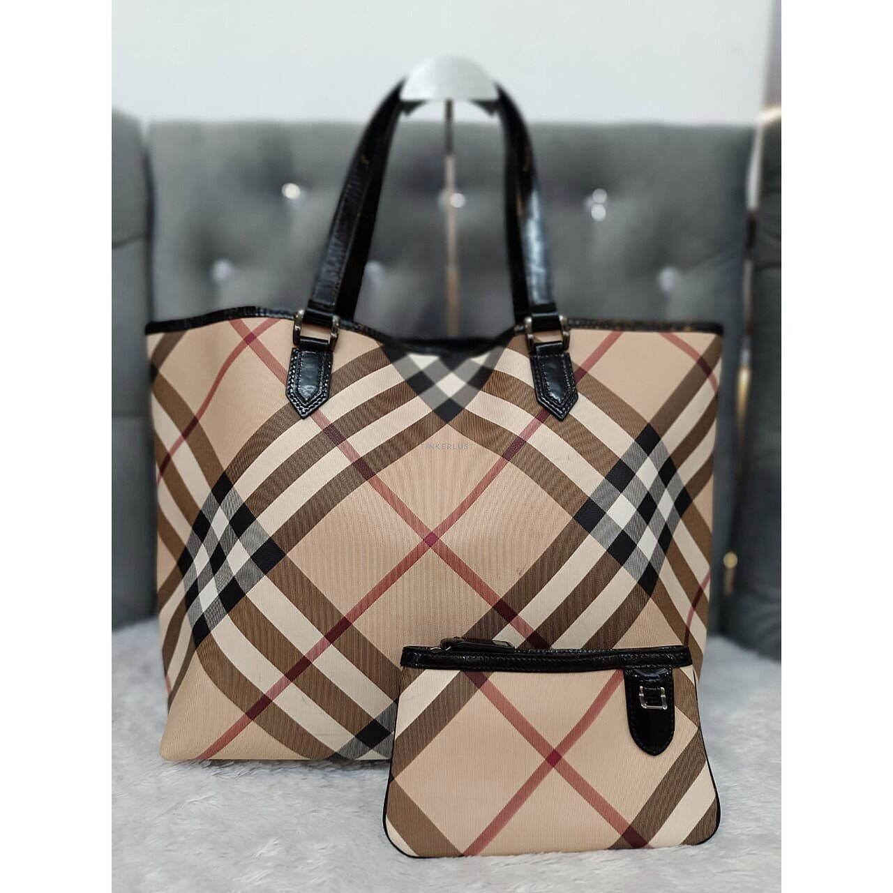 Burberry Nova Check Large Canvas & Patent Leather Tote Bag