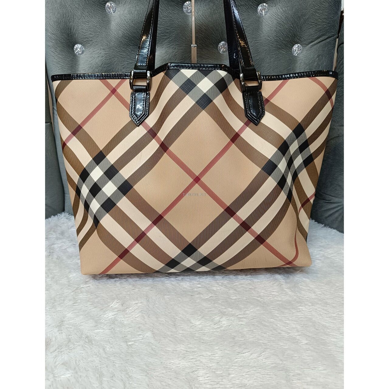 Burberry Nova Check Large Canvas & Patent Leather Tote Bag