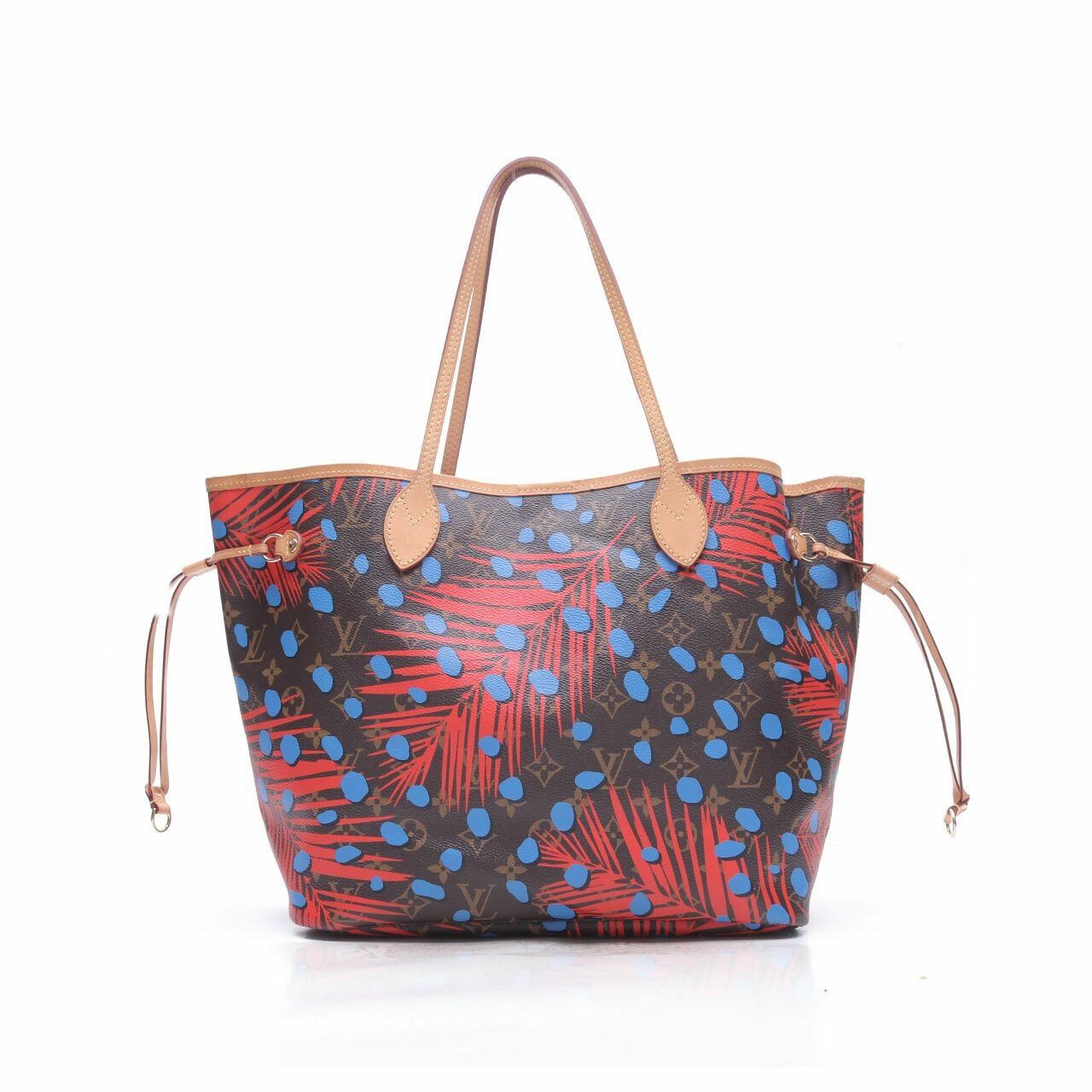 Louis Vuitton Canvas Limited Edition Blue Jungle Dots Neverfull Red Tote Bag 