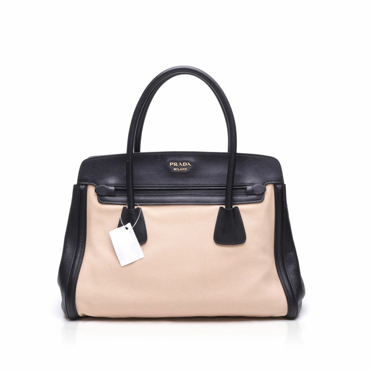 Prada Beige Canvas & Black Saffiano Hand Bag