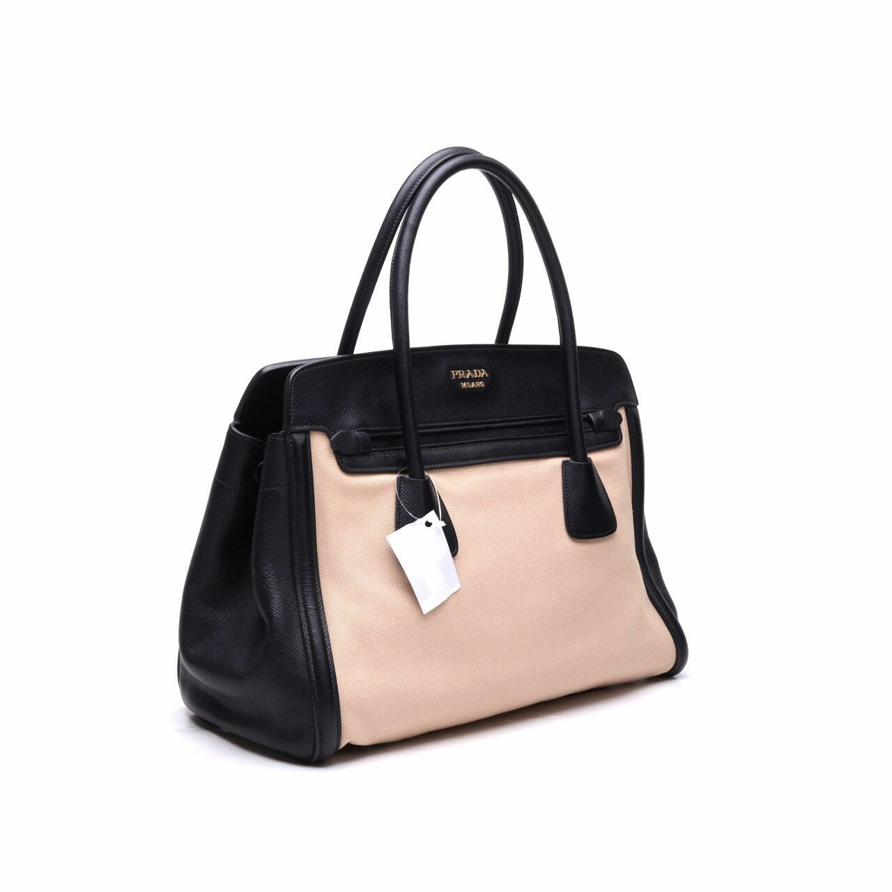 Prada Beige Canvas & Black Saffiano Hand Bag