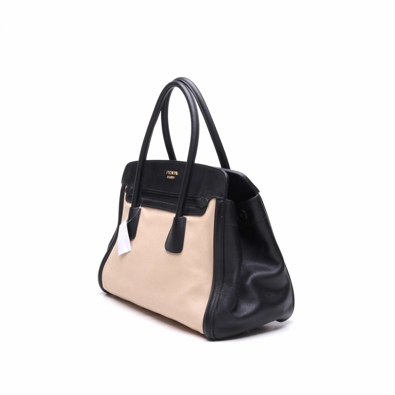 Prada Beige Canvas & Black Saffiano Hand Bag