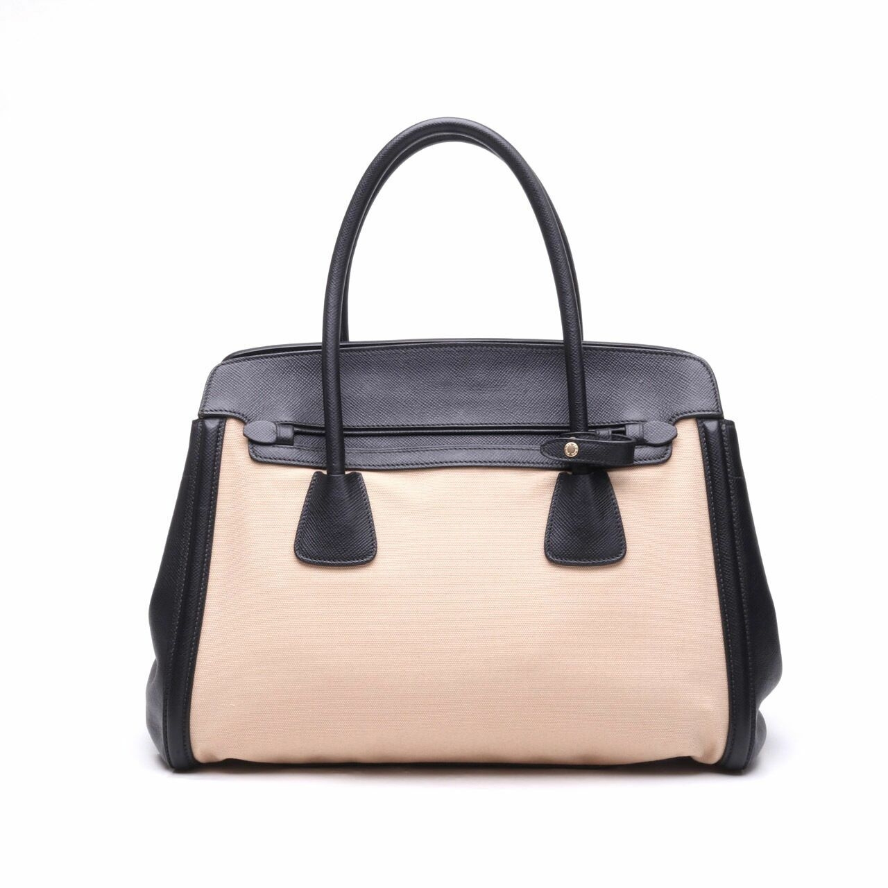 Prada Beige Canvas & Black Saffiano Hand Bag