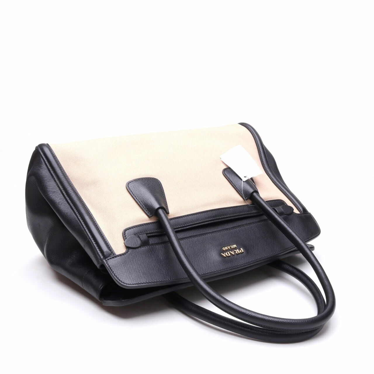 Prada Beige Canvas & Black Saffiano Hand Bag