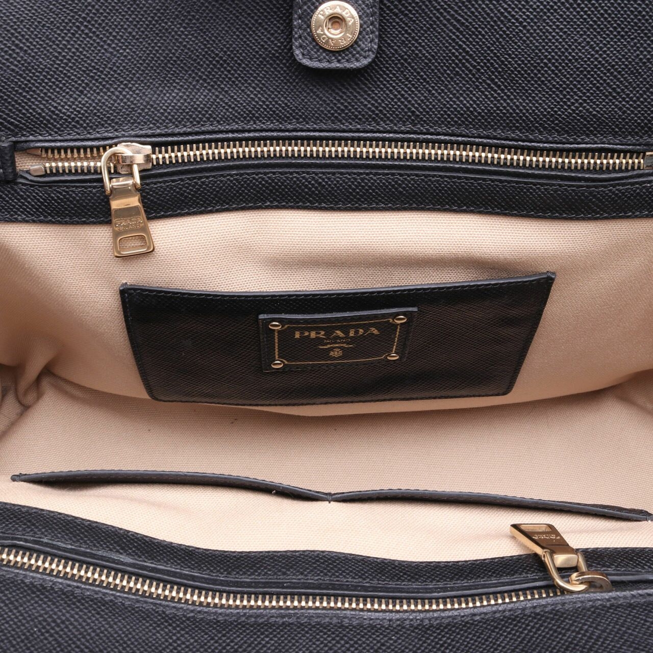 Prada Beige Canvas & Black Saffiano Hand Bag