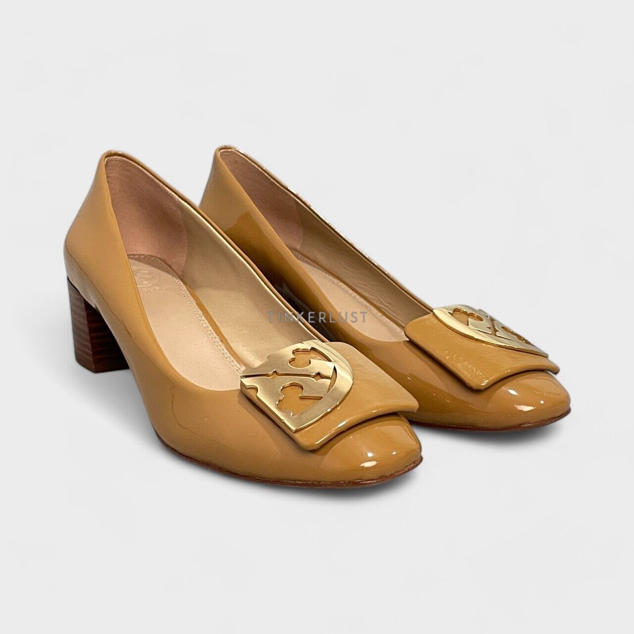 Tory Burch Square Toe Logo Patent Leather Sand Pumps Heels