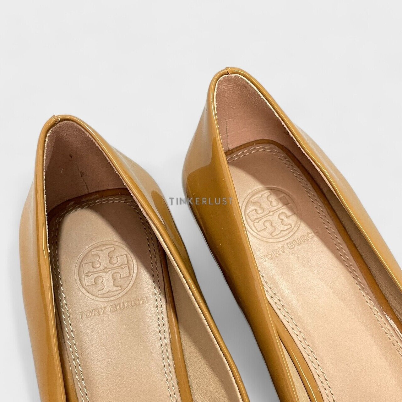 Tory Burch Square Toe Logo Patent Leather Sand Pumps Heels