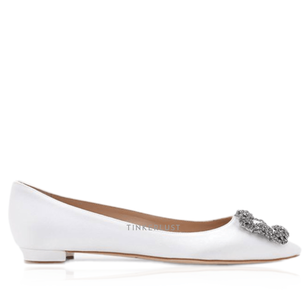 Manolo Blahnik Hangisi Ballerina in Light Cream Satin with Dark Crystal Flats	