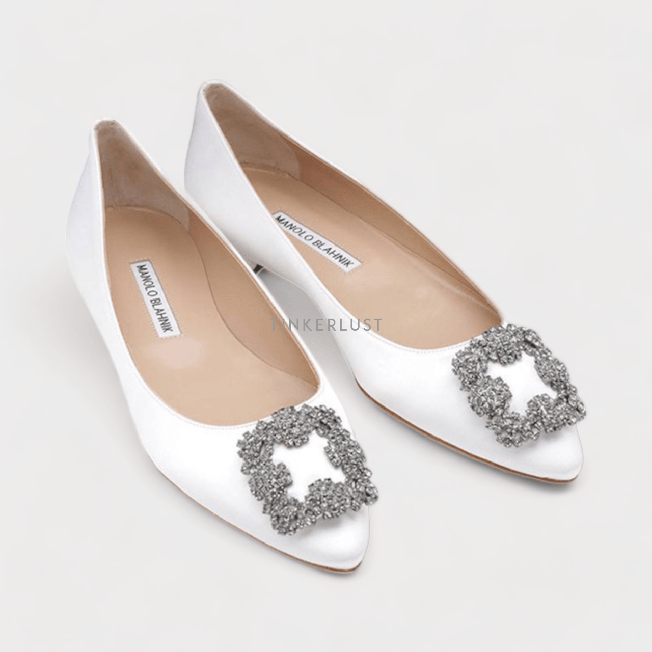 Manolo Blahnik Hangisi Ballerina in Light Cream Satin with Dark Crystal Flats	