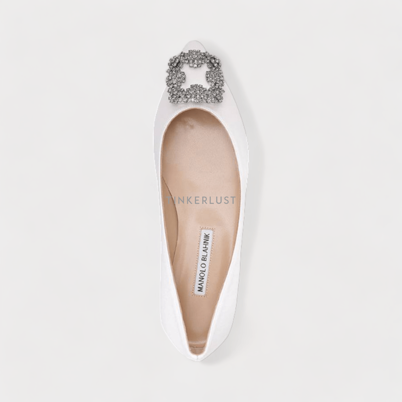 Manolo Blahnik Hangisi Ballerina in Light Cream Satin with Dark Crystal Flats	