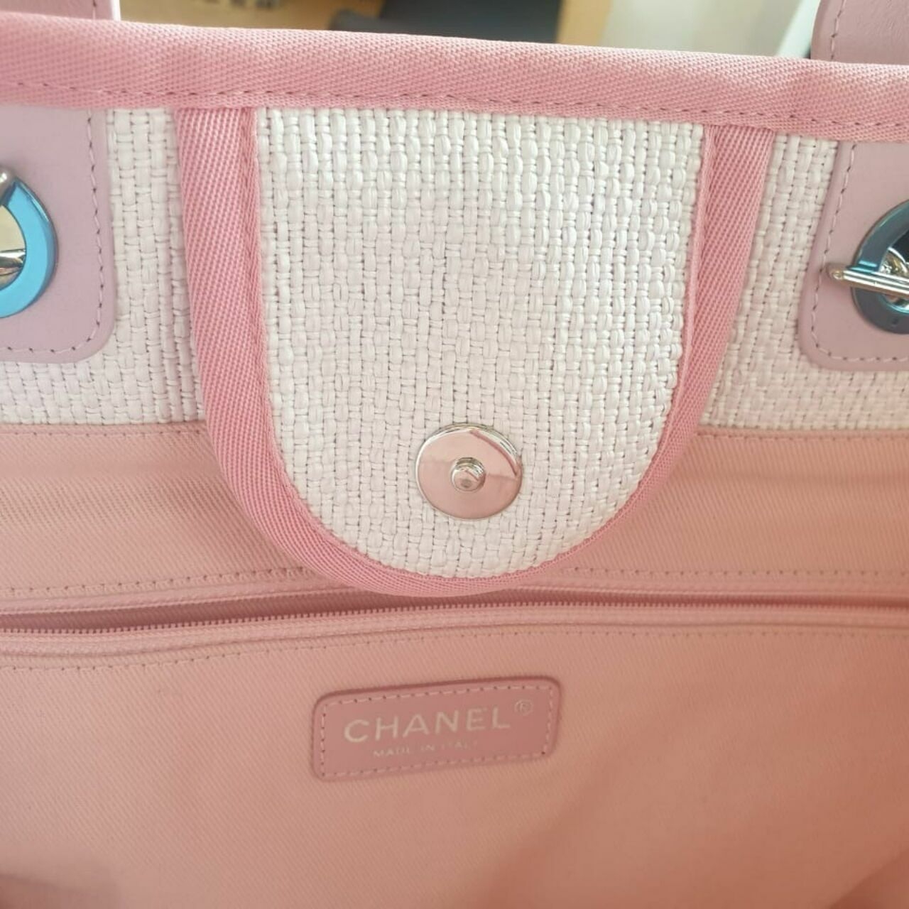 Chanel Pink & White Deauville Tote Handbag