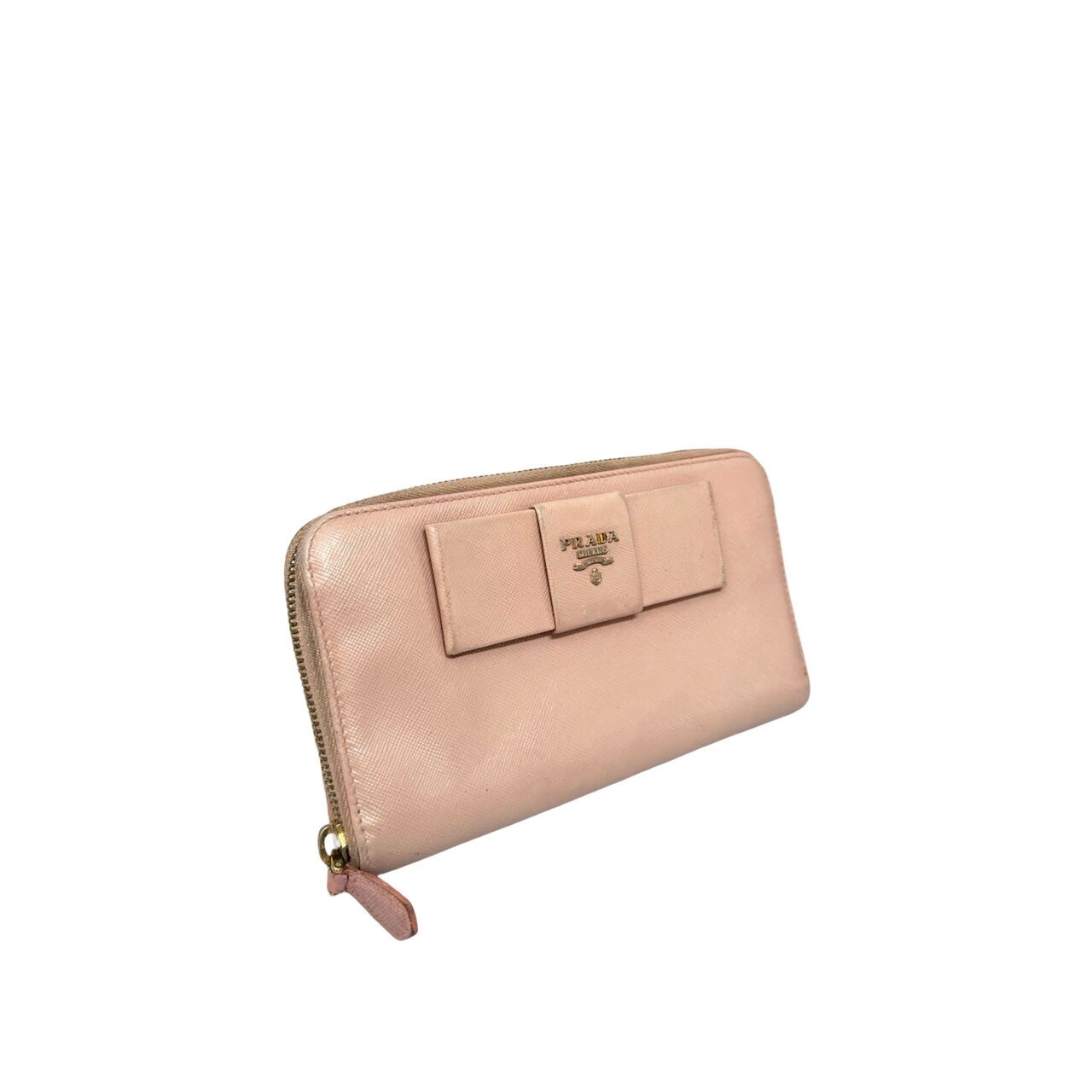 Prada Salmon Pink Saffiano Leather Bow Leather Zipper Wallet