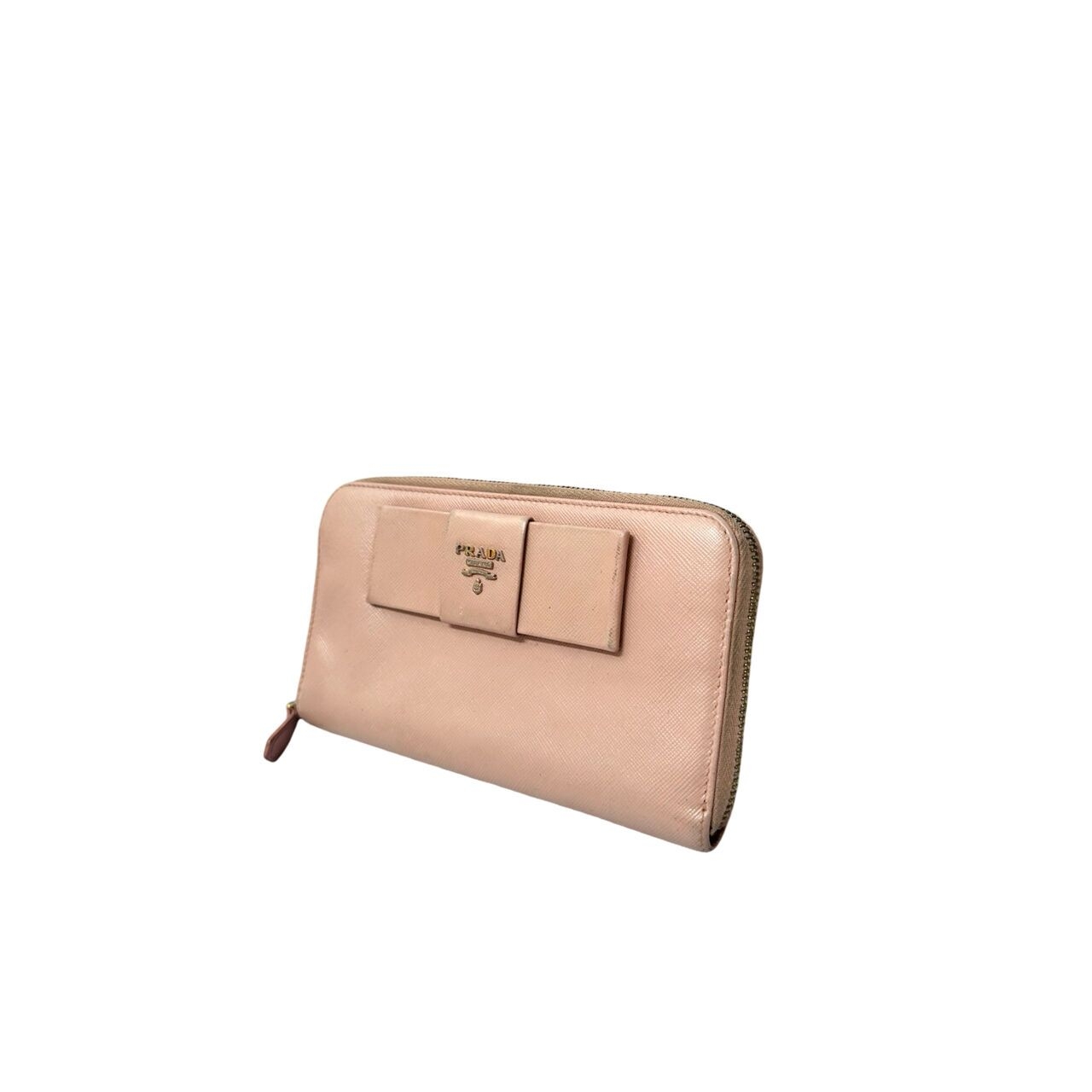 Prada Salmon Pink Saffiano Leather Bow Leather Zipper Wallet