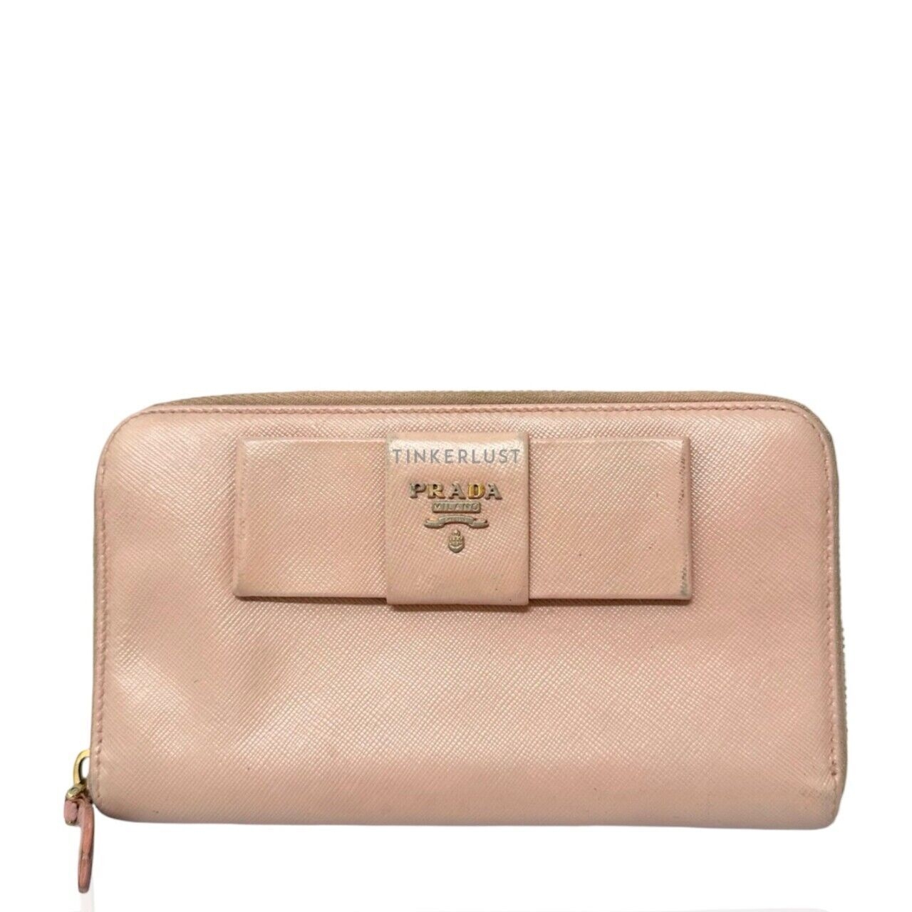 Prada Salmon Pink Saffiano Leather Bow Leather Zipper Wallet