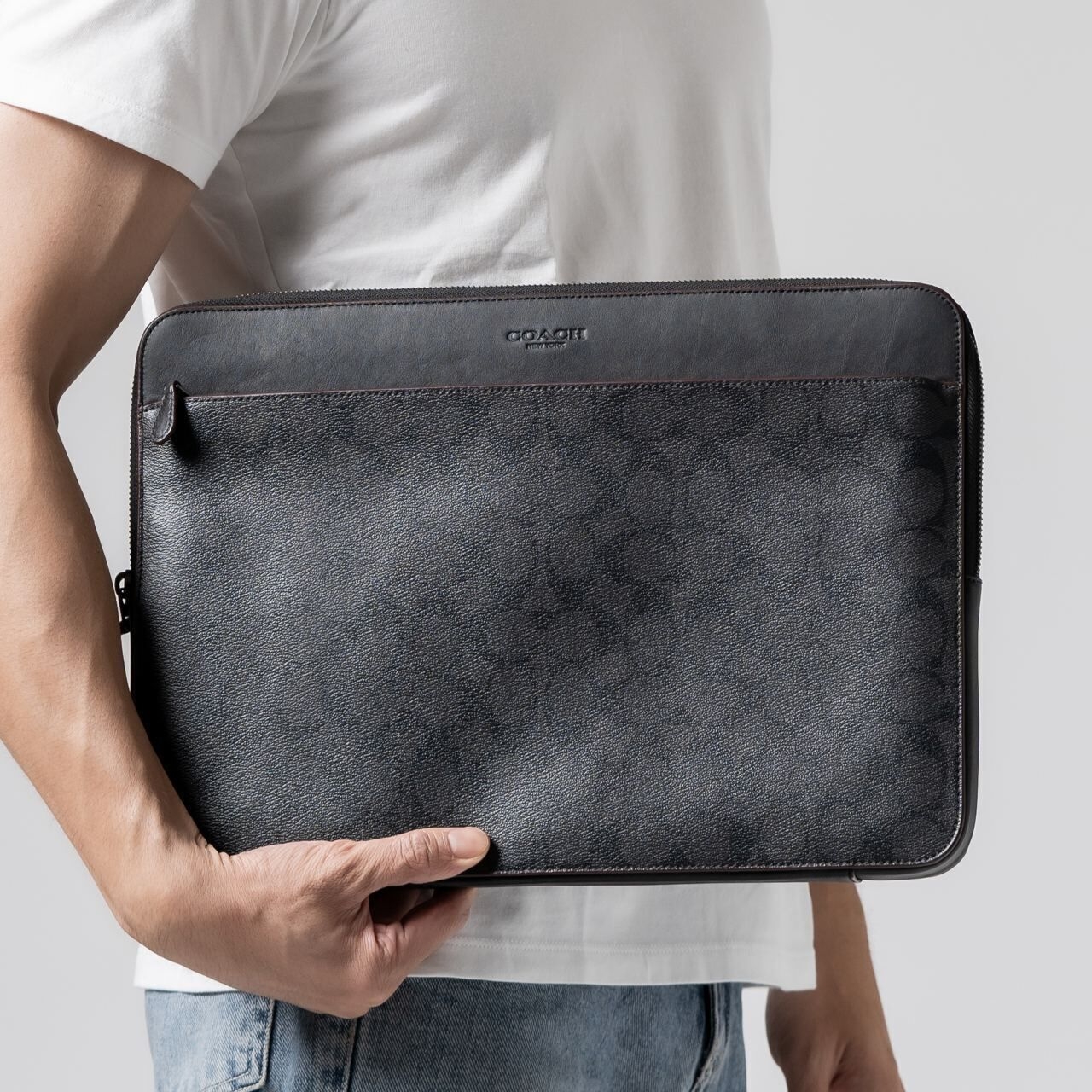 Coach Laptop Case In Signature Canvas Black Oxblood