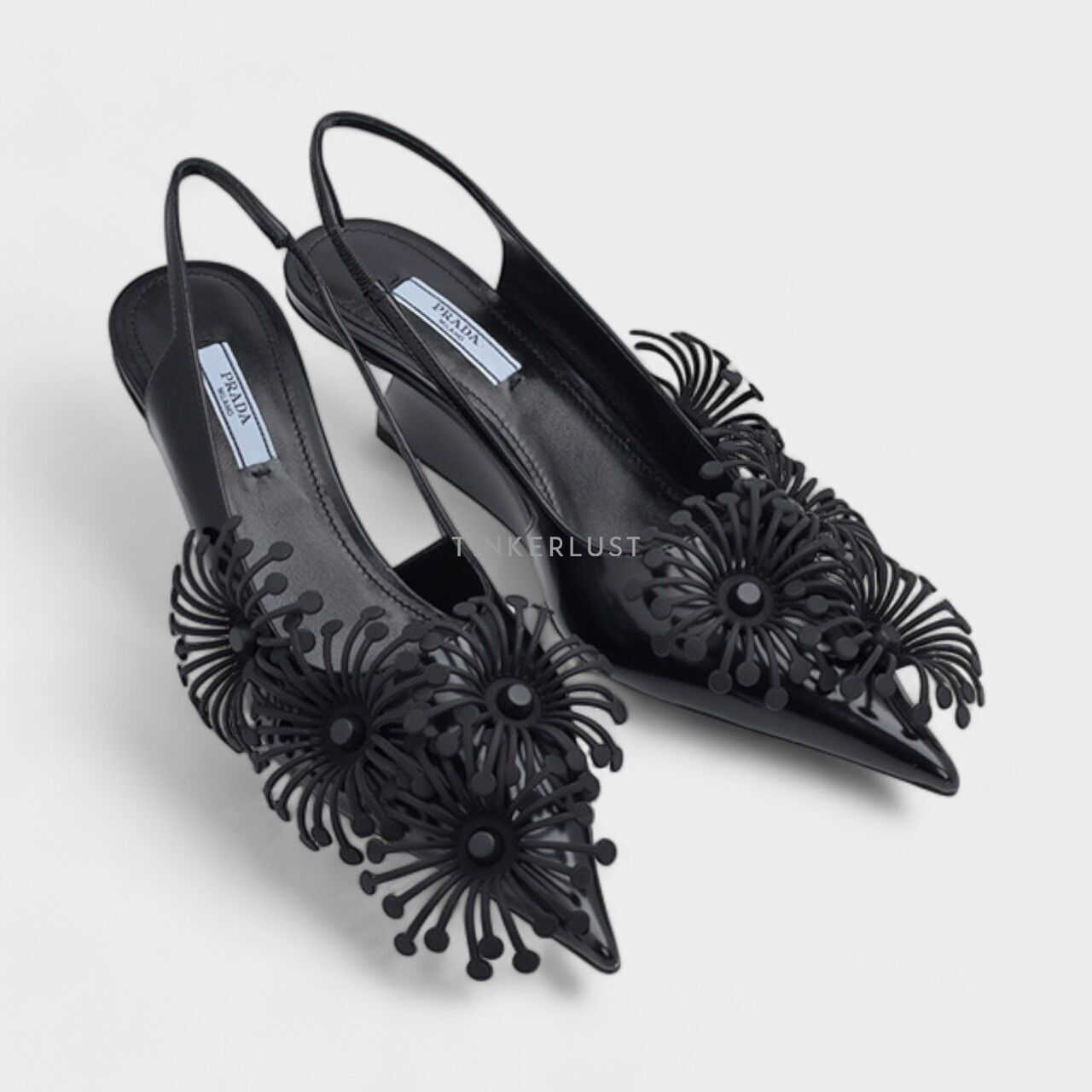 Prada Azalea Flowers 65mm Black Brushed Leather Slingback Heels