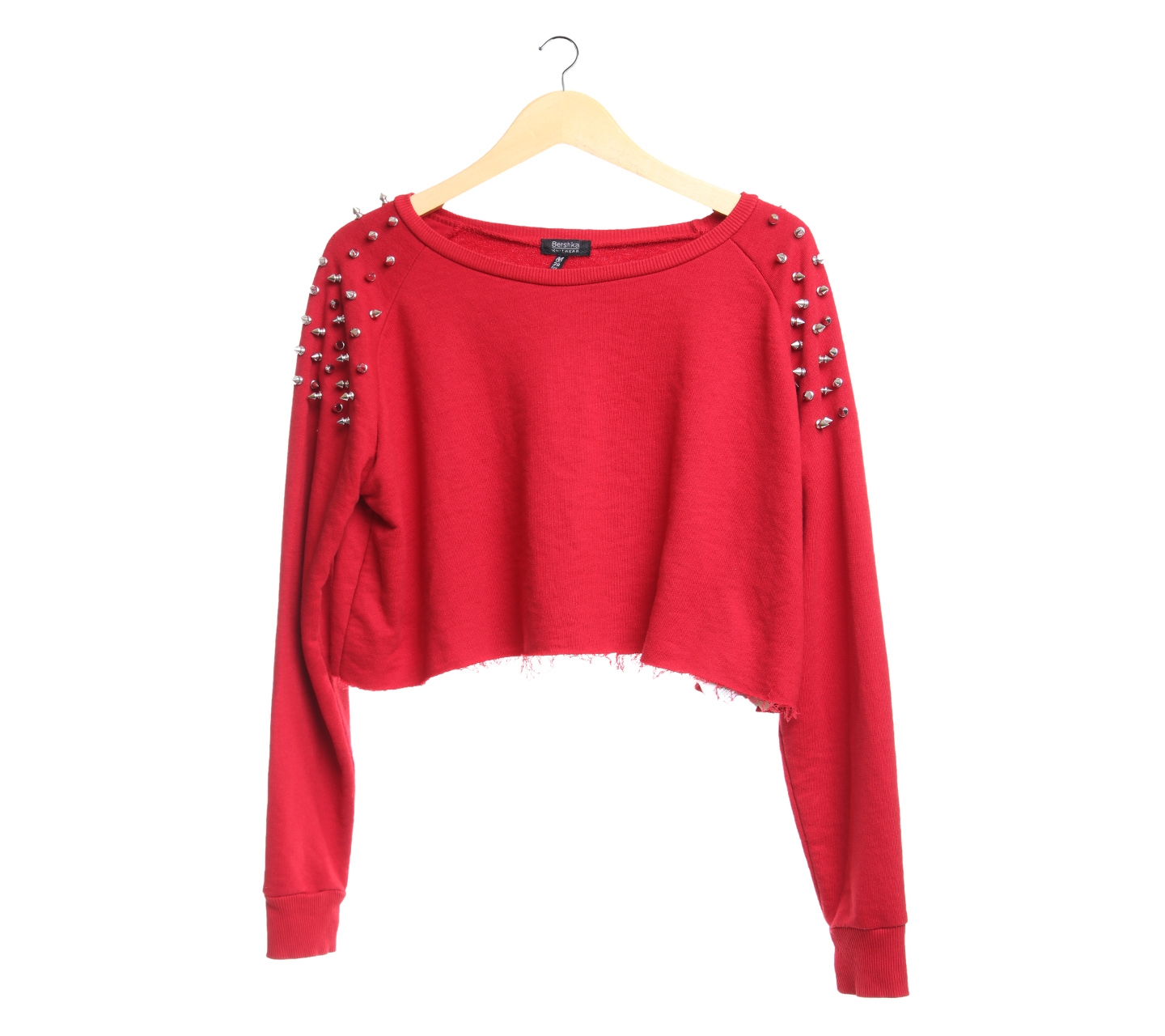 Bershka Red Studded in Shoulder Crop Sweater