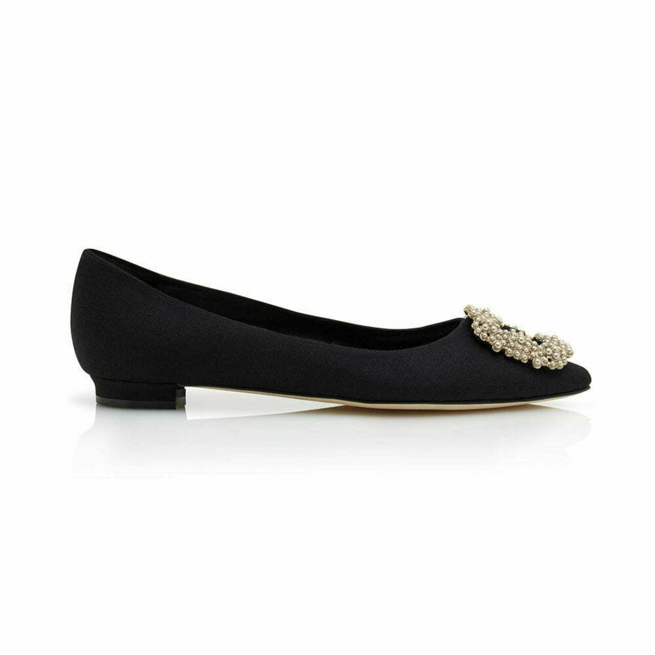 Manolo Blahnik Hangisi Flat Linen with Pearl Buckle Black