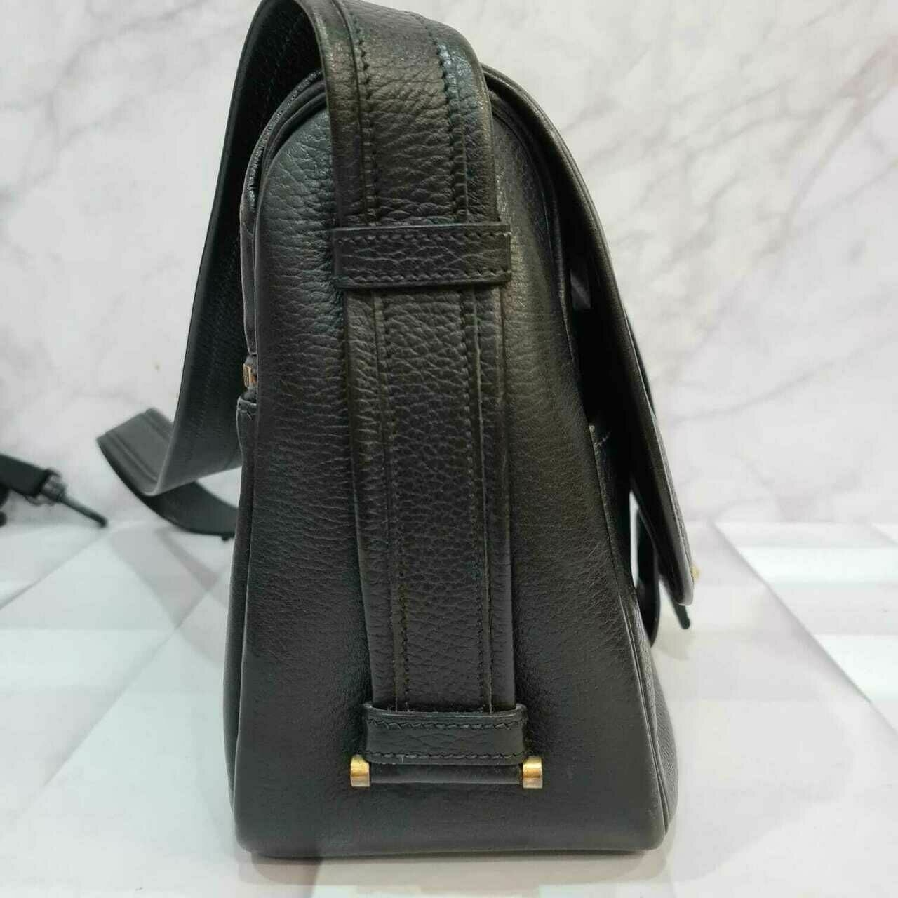 Hermes Black Leather Gold Fold Over Flap Saddle Sling Bag