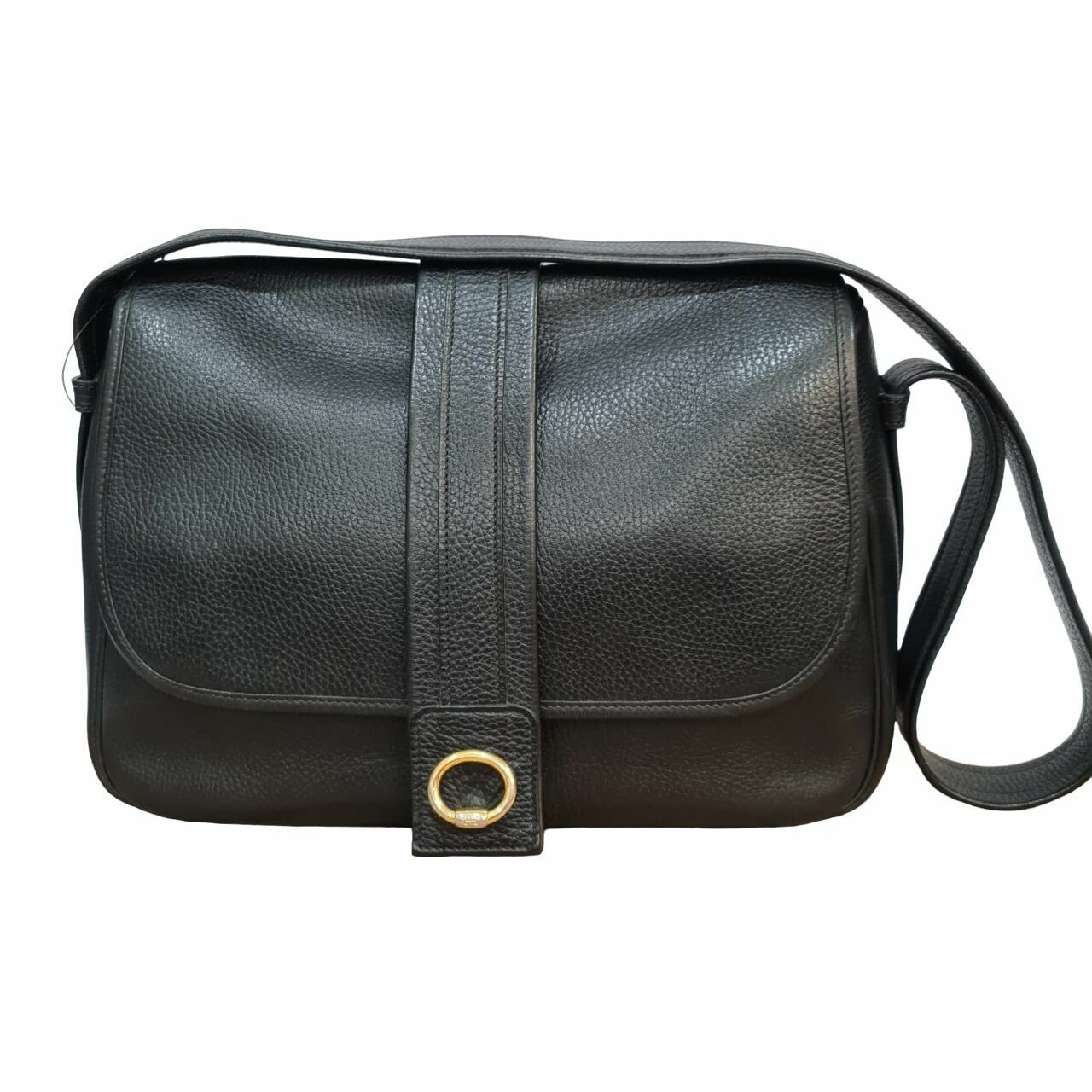 Hermes Black Leather Gold Fold Over Flap Saddle Sling Bag