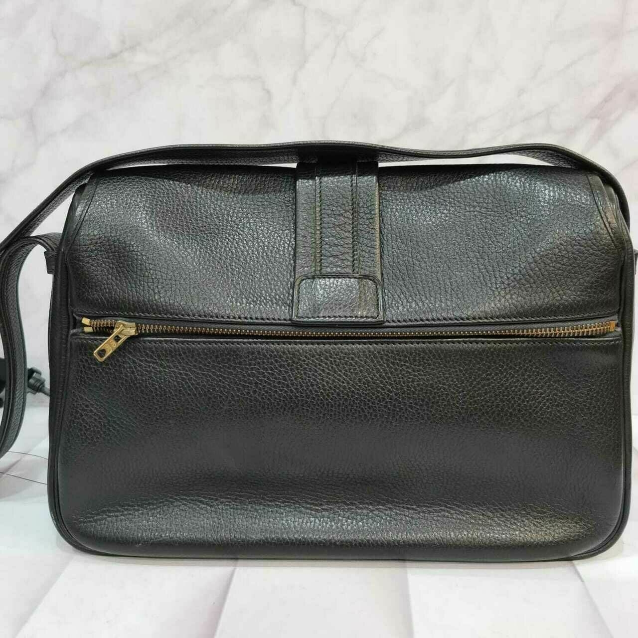 Hermes Black Leather Gold Fold Over Flap Saddle Sling Bag