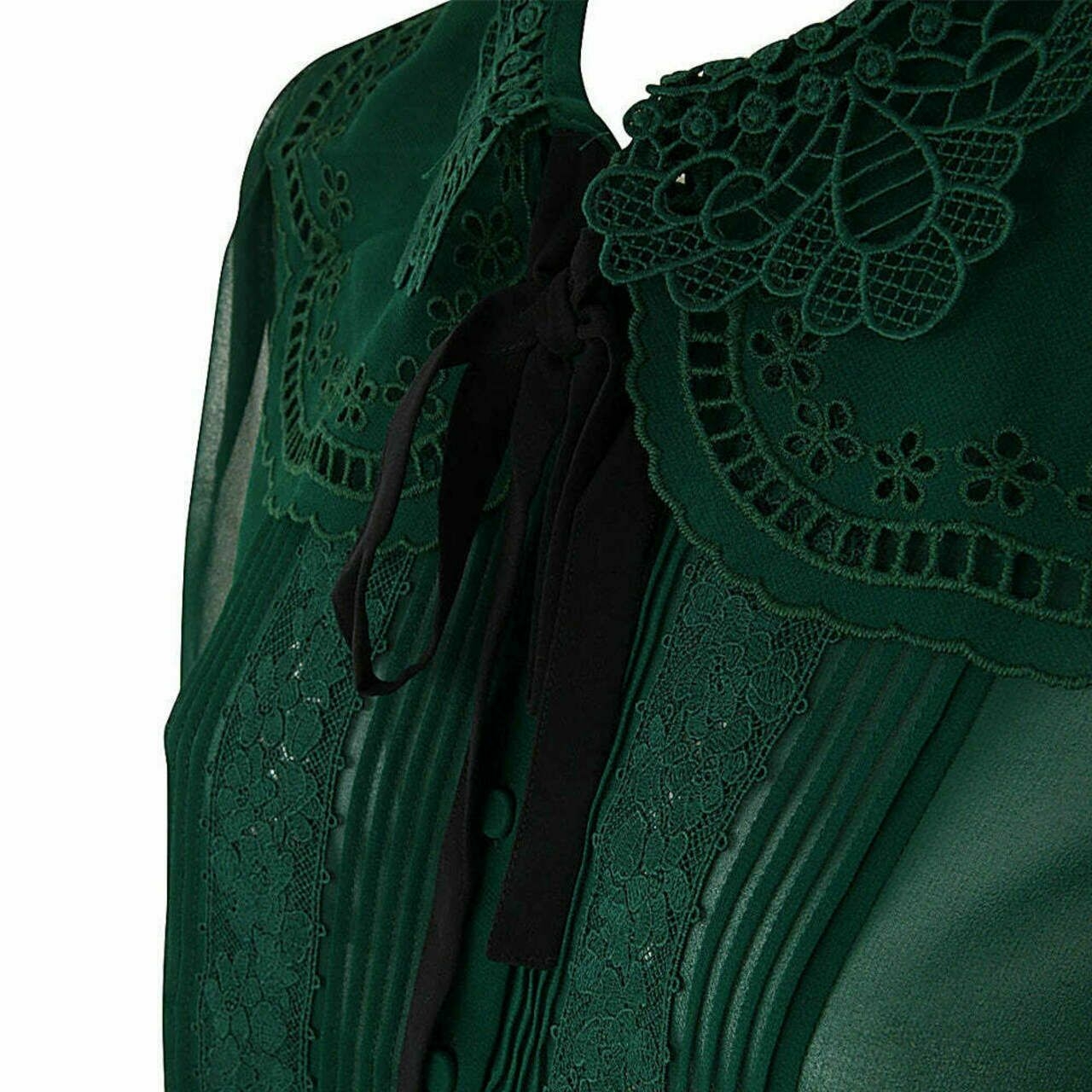 Self Portrait Broderie Collar Chiffon Blouse Dark Green