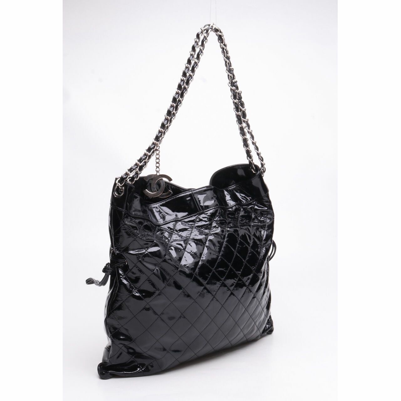 Chanel Black Quilted Patent Leather CC Chain Tote Bag