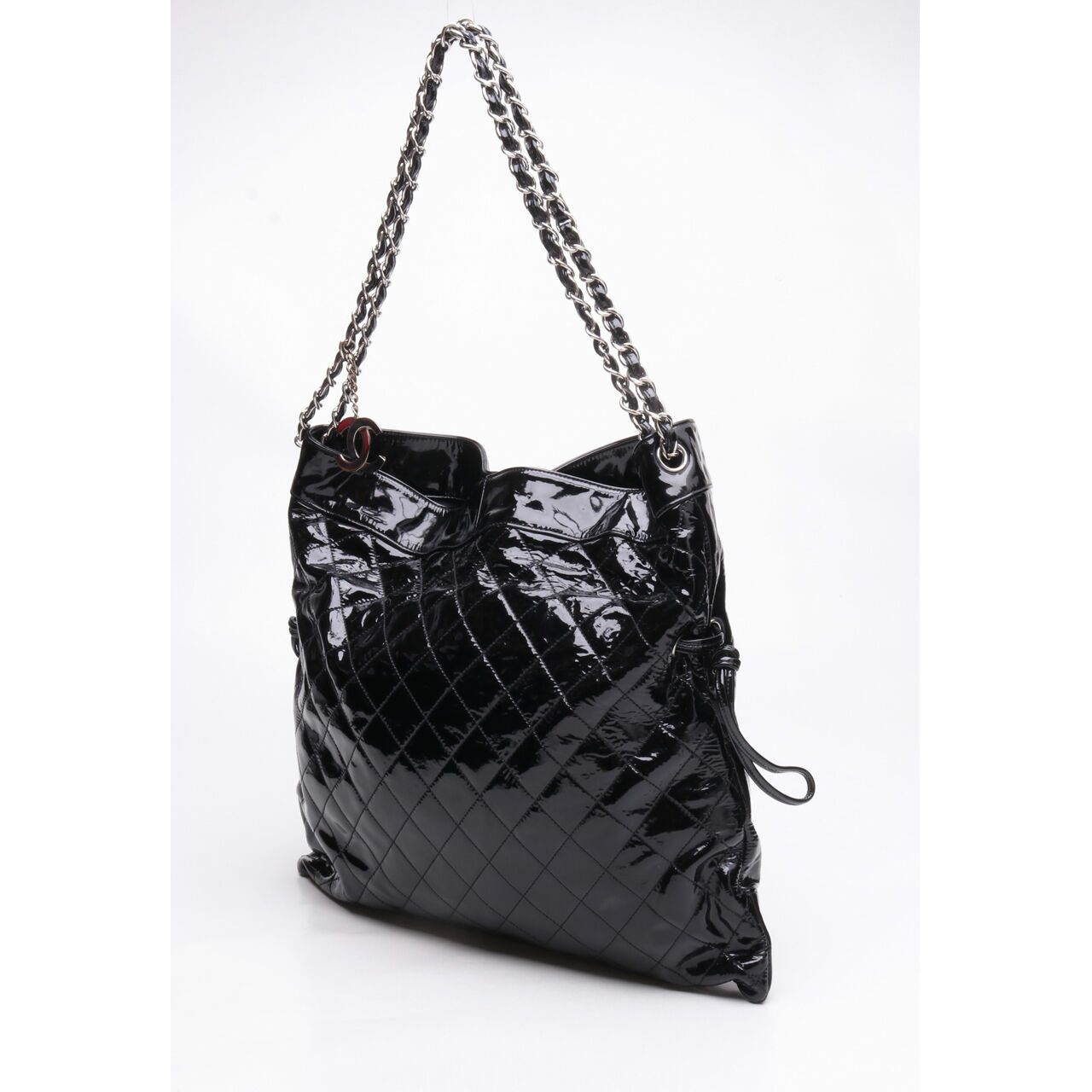 Chanel Black Quilted Patent Leather CC Chain Tote Bag