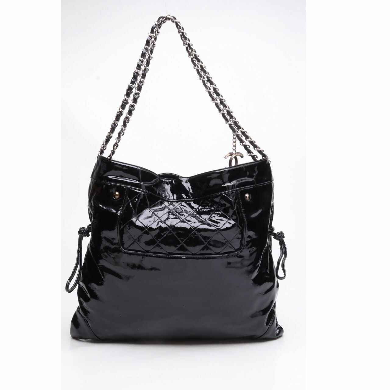 Chanel Black Quilted Patent Leather CC Chain Tote Bag