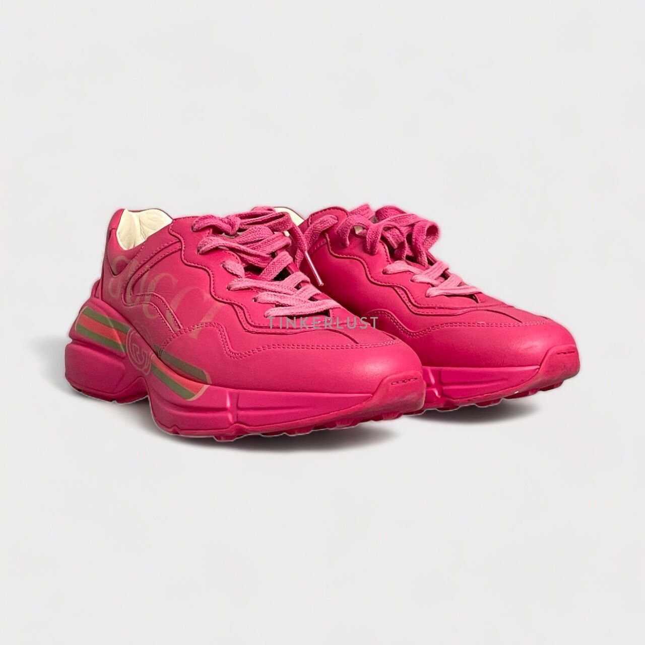 Gucci Pink Leather Rhyton Logo Print Low Top Sneakers