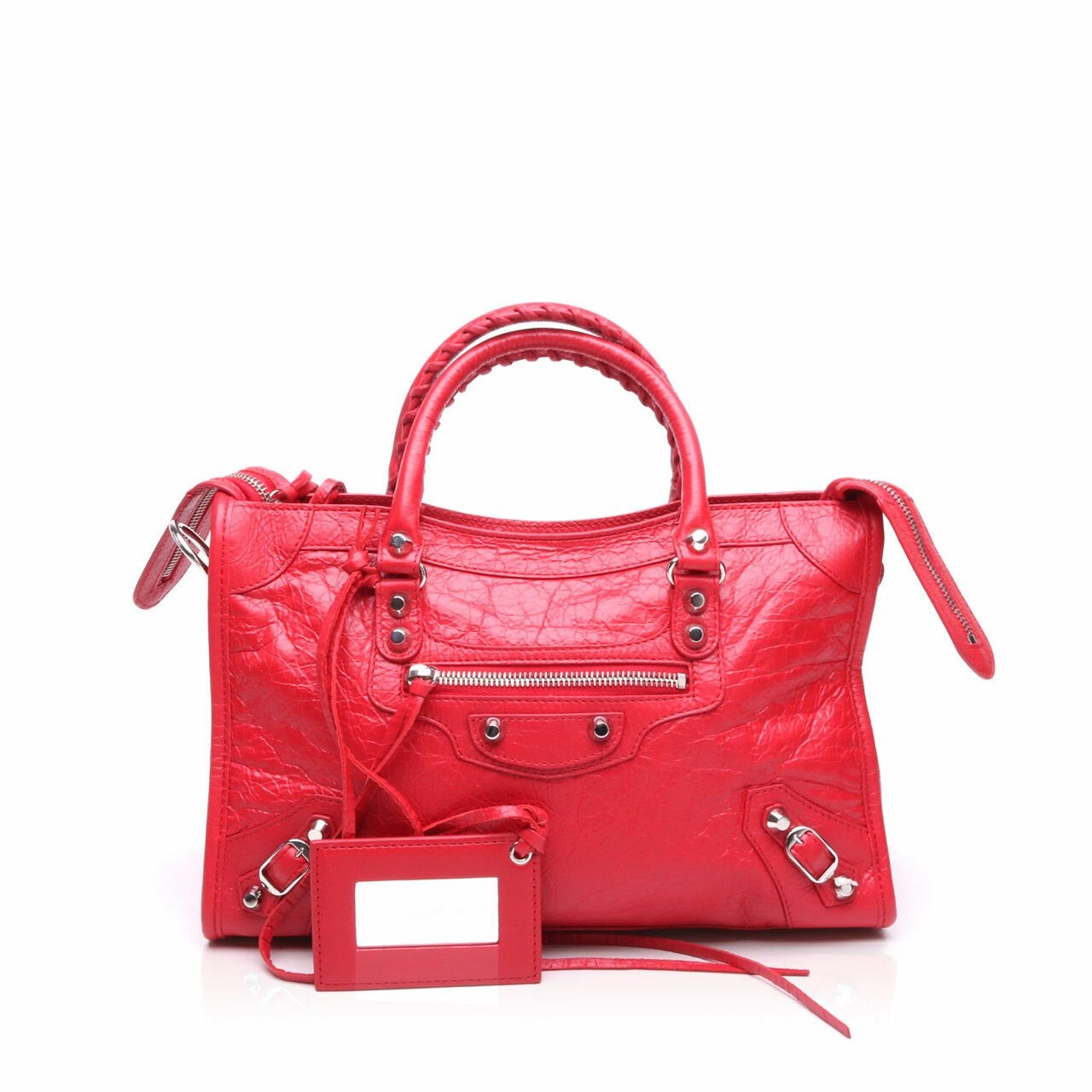 Balenciaga Lambskin Small City Red SHW Logo Strap Satchel Bag