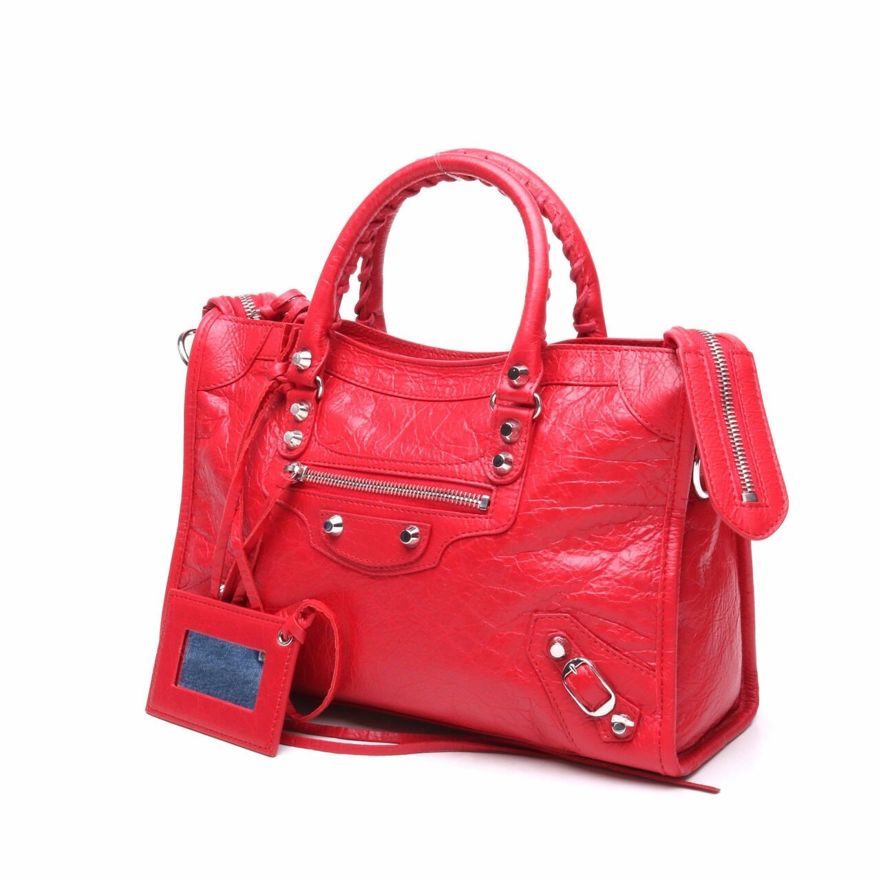 Balenciaga Lambskin Small City Red SHW Logo Strap Satchel Bag