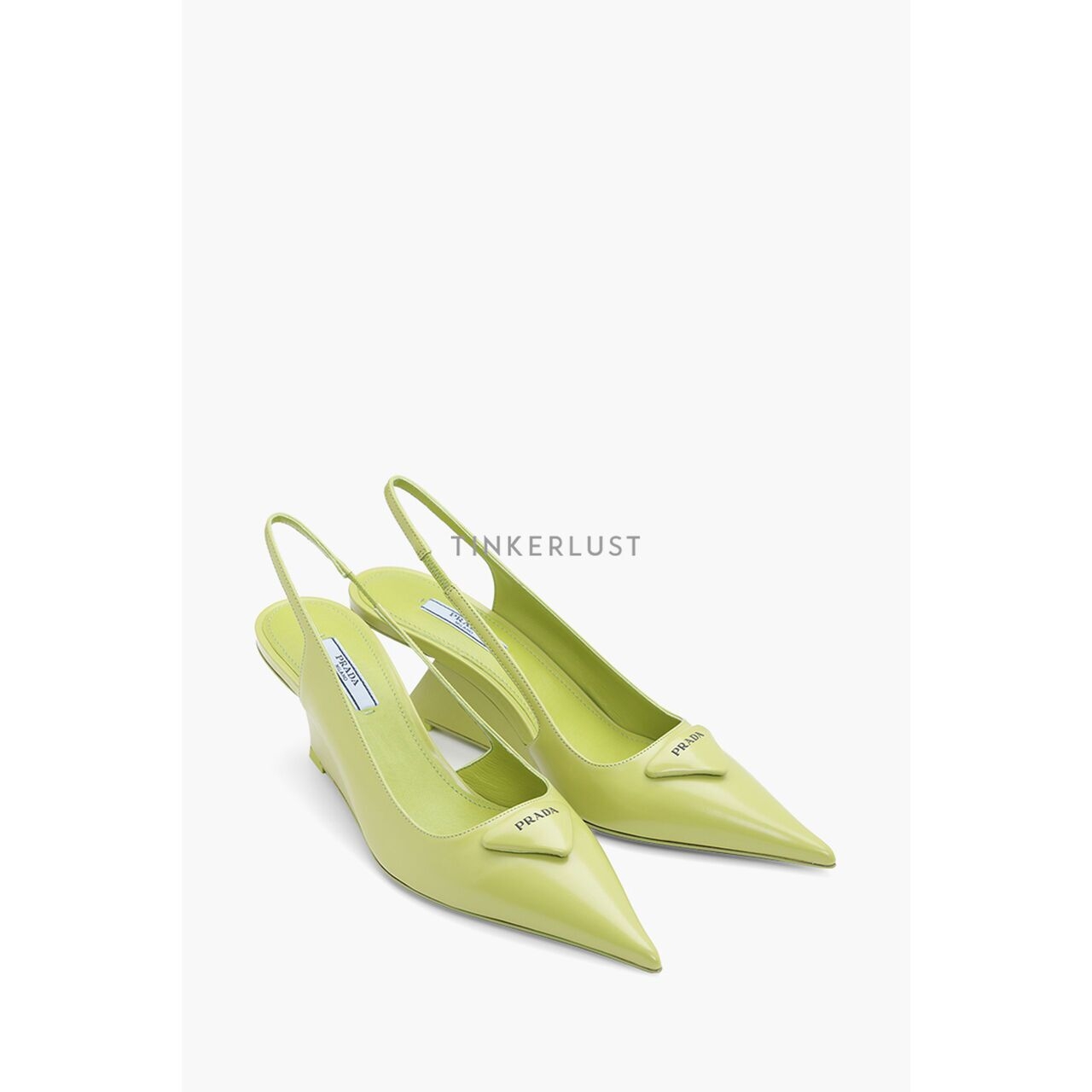 Prada Triangle Logo Slingback Pumps 65mm in Lime Green Brushed Leather Wedges