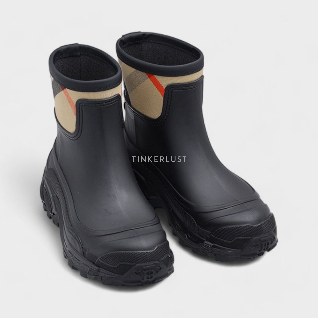 Burberry Women House Check Panel Rain Boots in Black/Archive Beige Boots