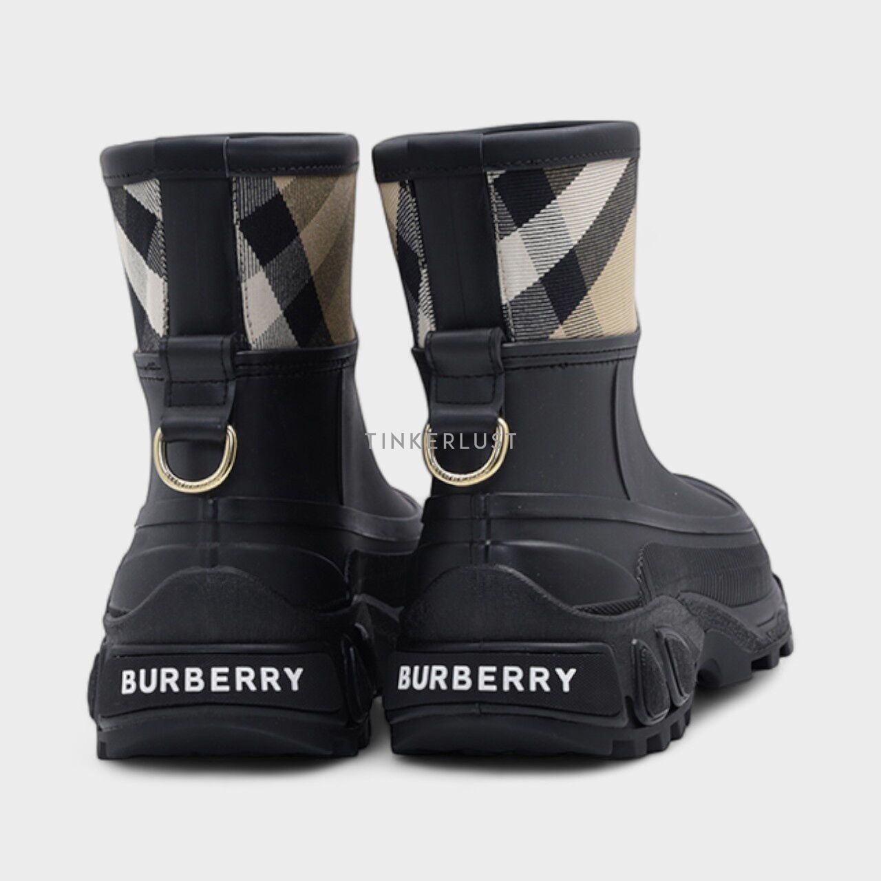 Burberry Women House Check Panel Rain Boots in Black/Archive Beige Boots