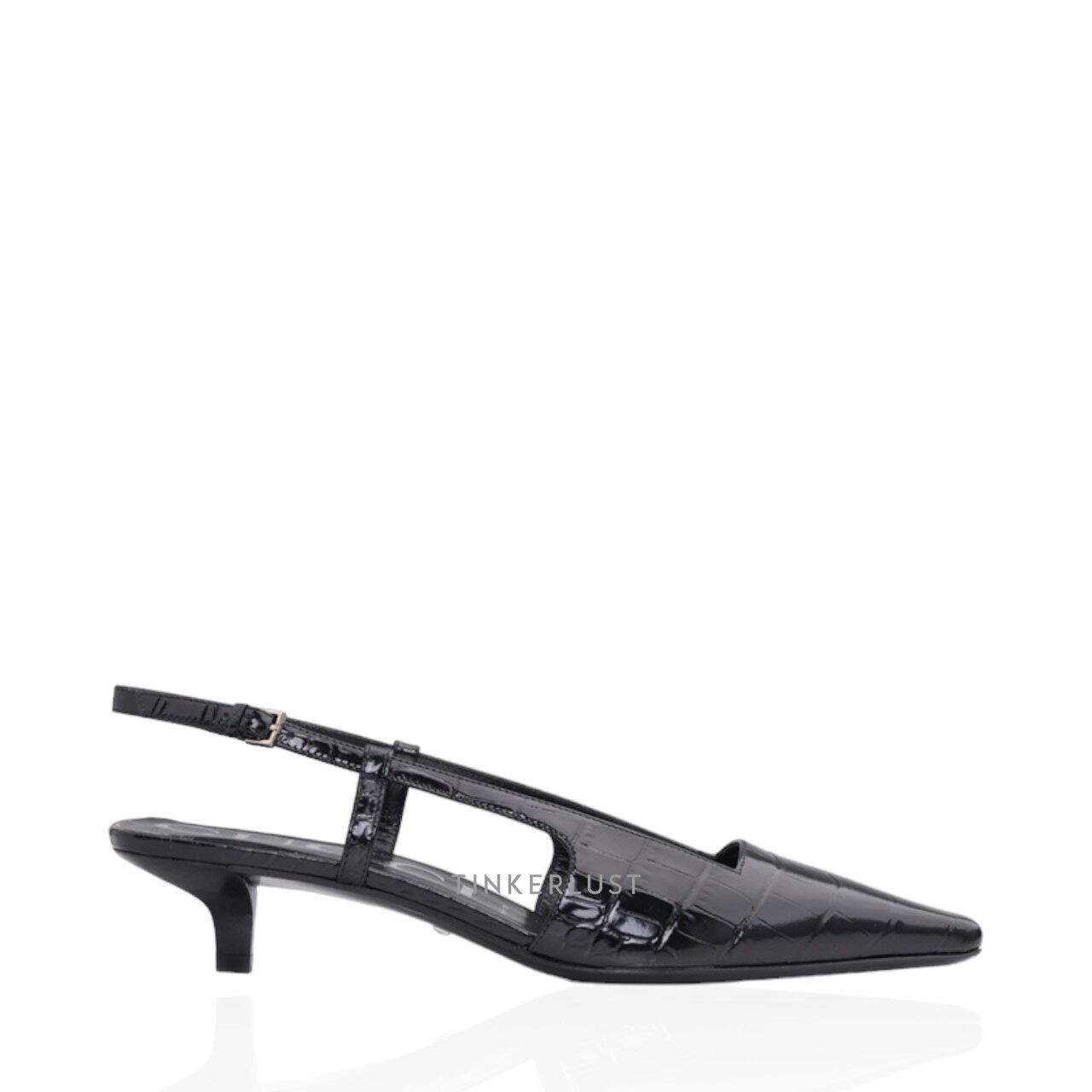 Gucci Women Aria Low-Heel Slingback Pumps 35mm in Black Crocodile Print Leather