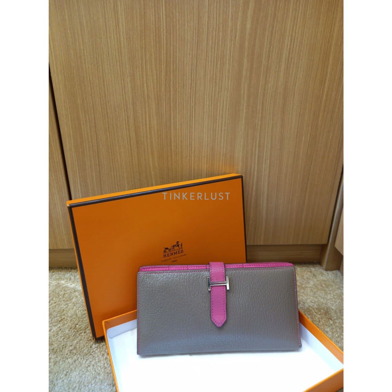 Hermes Bearn Pink Grey #O Square PHW Wallet