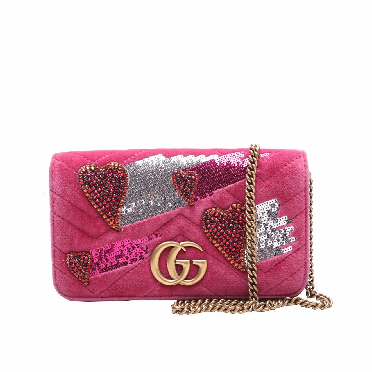 Gucci Limited Edition Pink Quilted Velvet GG Marmont Small Heart Sequin Shoulder Bag