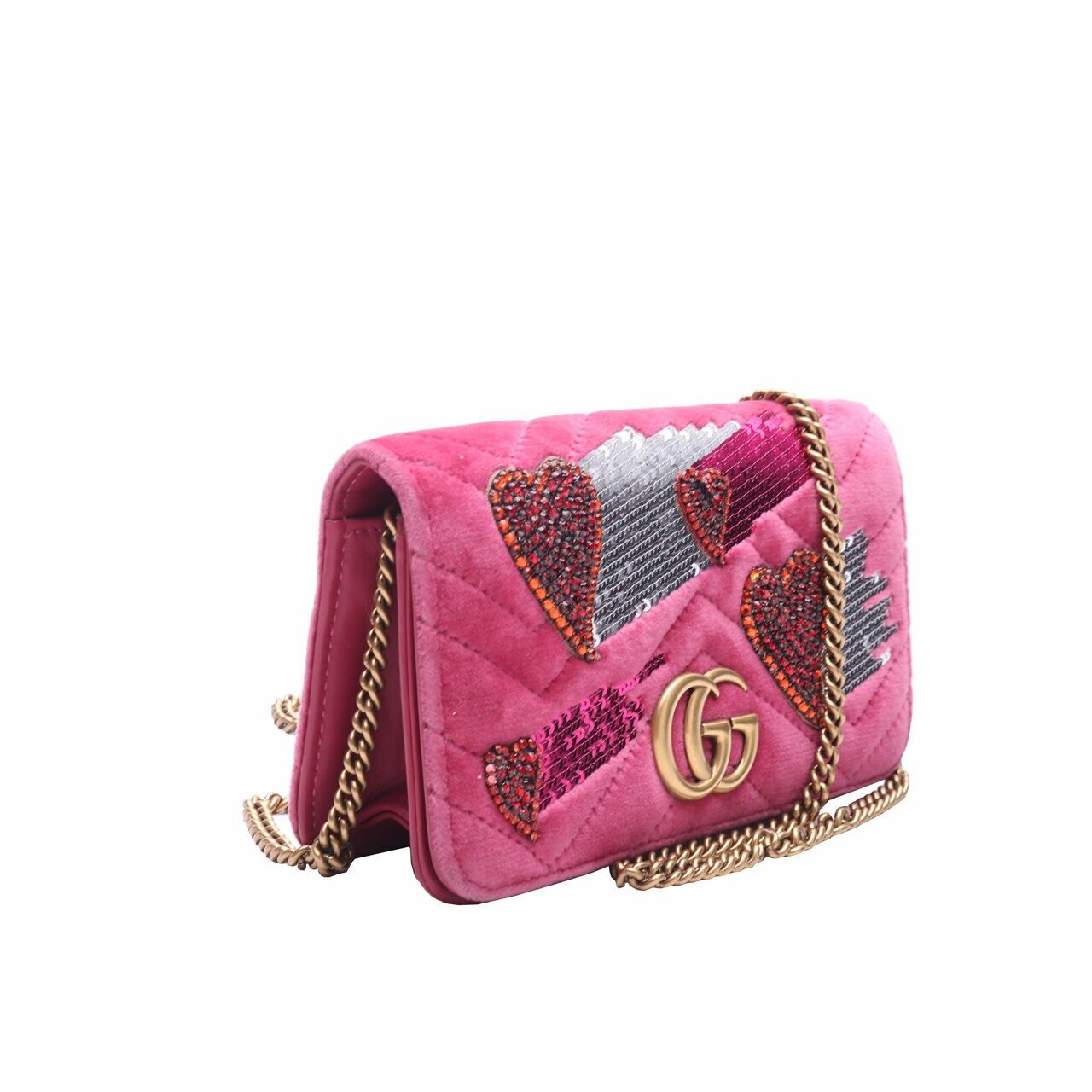 Gucci Limited Edition Pink Quilted Velvet GG Marmont Small Heart Sequin Shoulder Bag