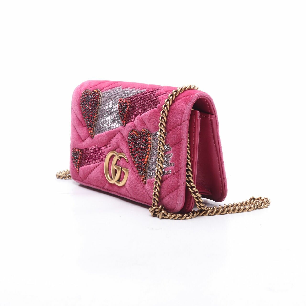 Gucci Limited Edition Pink Quilted Velvet GG Marmont Small Heart Sequin Shoulder Bag