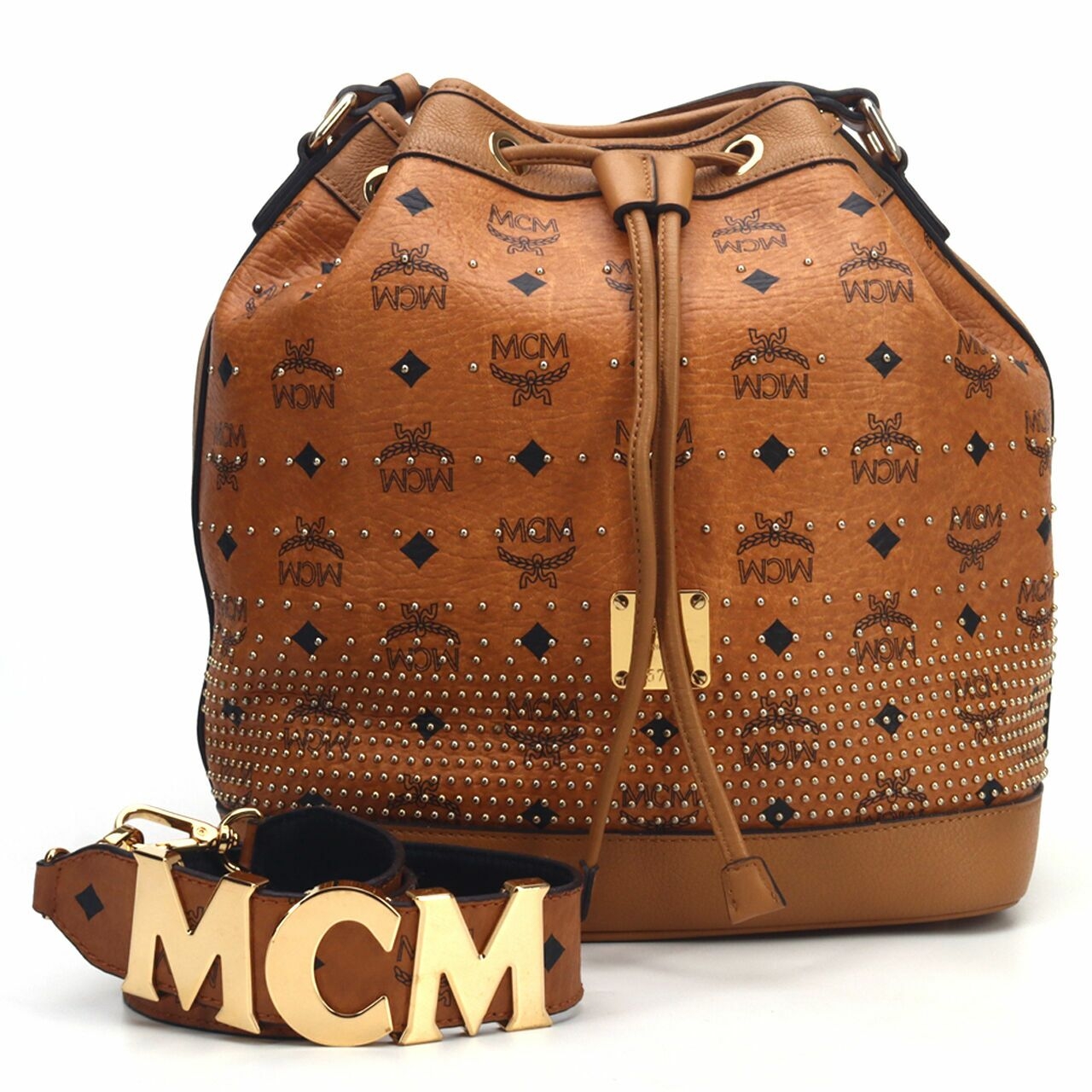 MCM Visetos Cognac  Studs Essential Drawstring Bucket Bag