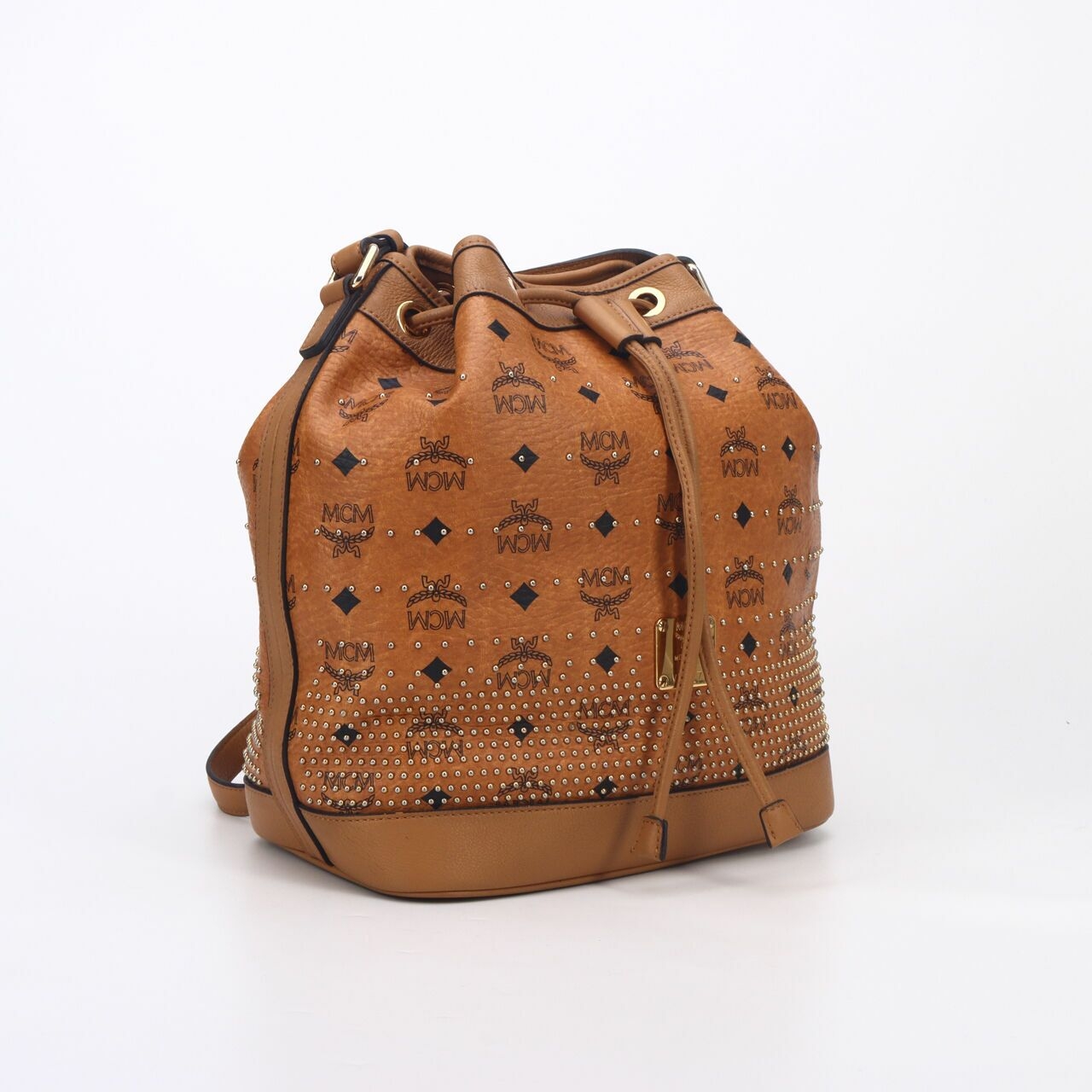 MCM Visetos Cognac  Studs Essential Drawstring Bucket Bag