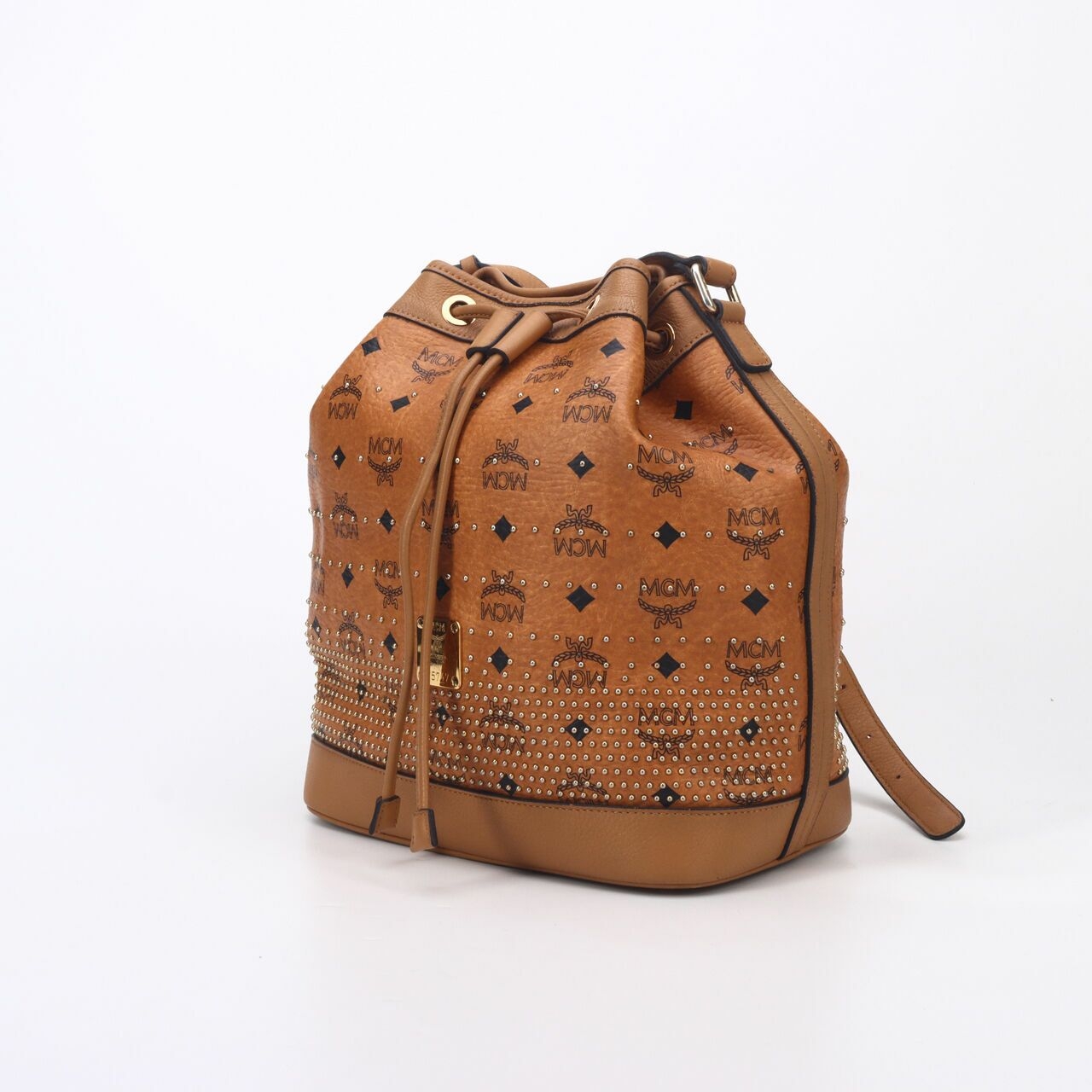 MCM Visetos Cognac  Studs Essential Drawstring Bucket Bag