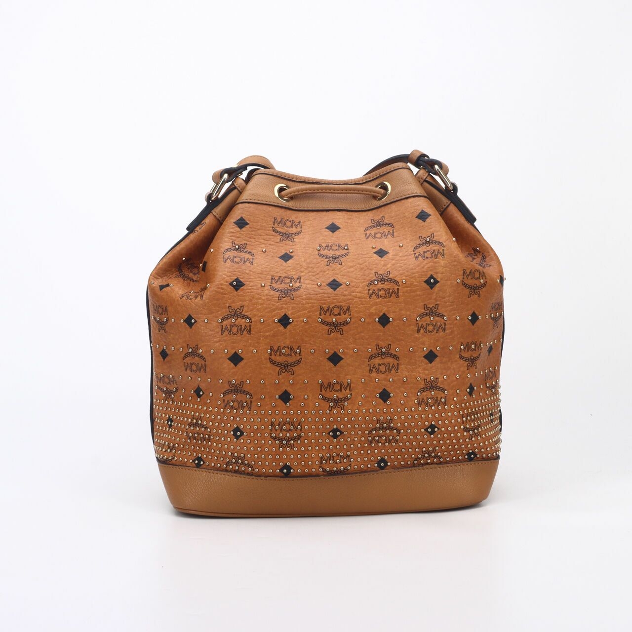 MCM Visetos Cognac  Studs Essential Drawstring Bucket Bag