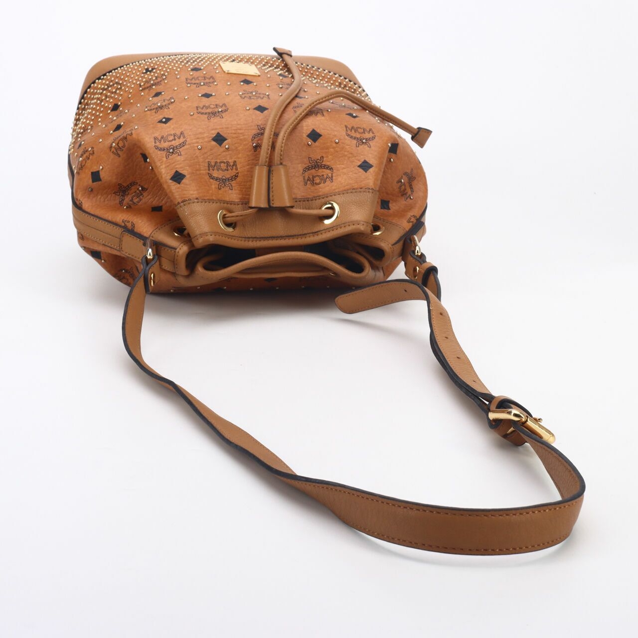 MCM Visetos Cognac  Studs Essential Drawstring Bucket Bag